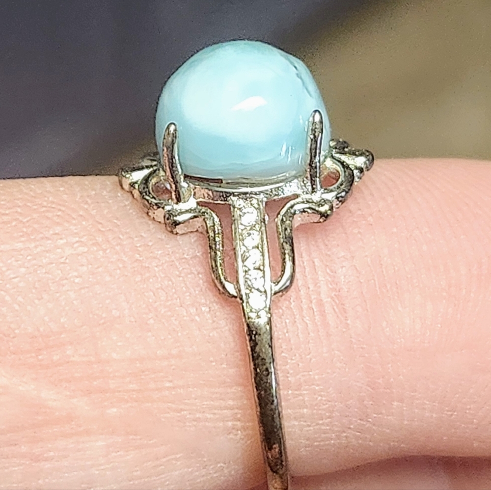 Genuine Larimar S925 Sterling Silver Adjustable Ring, Vintage Antiqued Style - Picture 7 of 11